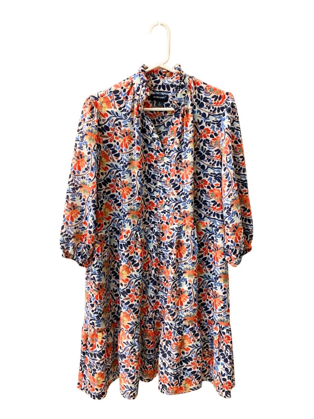 Studio Park Blue Orange Floral Short Dress Long Sleeves Flowy Boho Prairie Mini